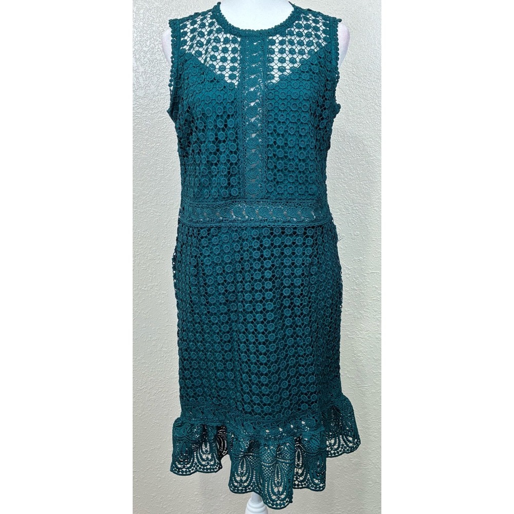 Rosie Harlow Teal Blue-Green Floral Crochet Lace Ruffle‎ Hem Midi Dress Womens M